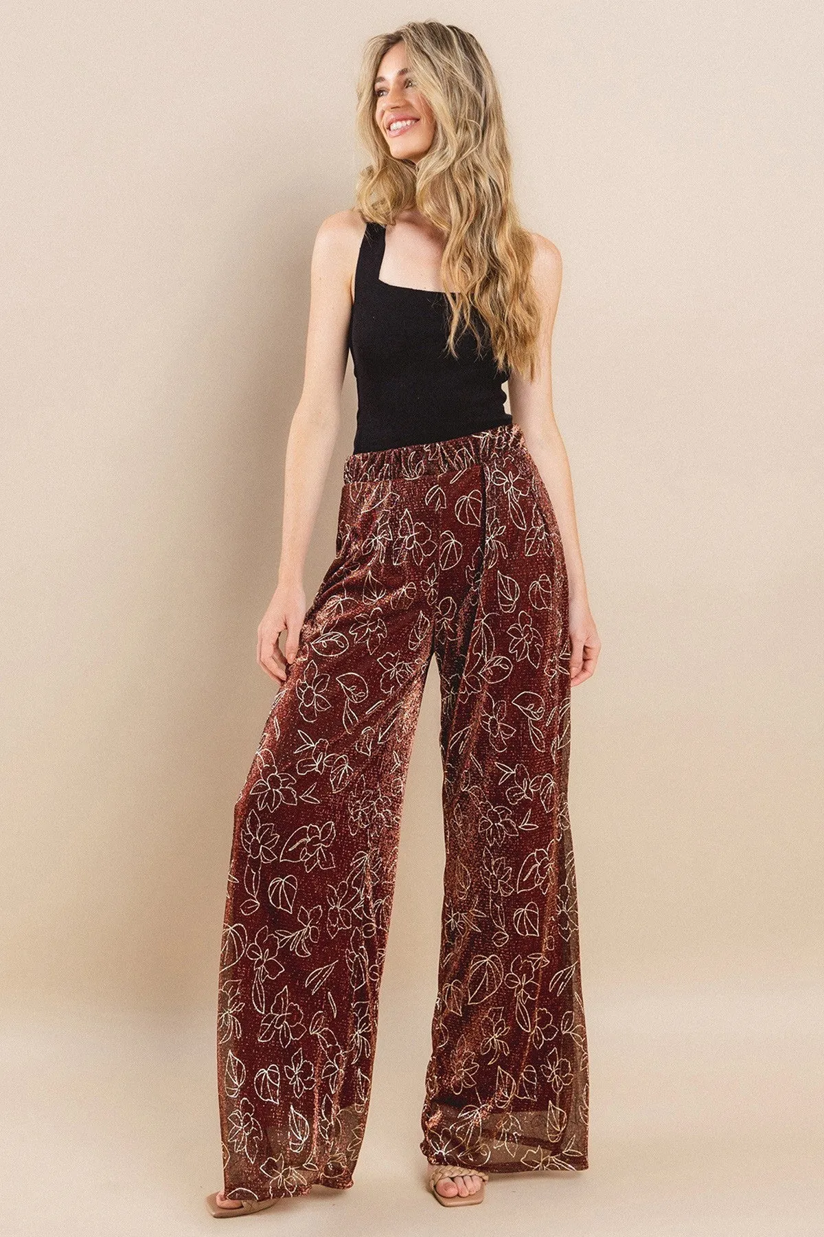 METALLIC FOIL PLEATED SHEER PANTS WITH LINING W2371PA