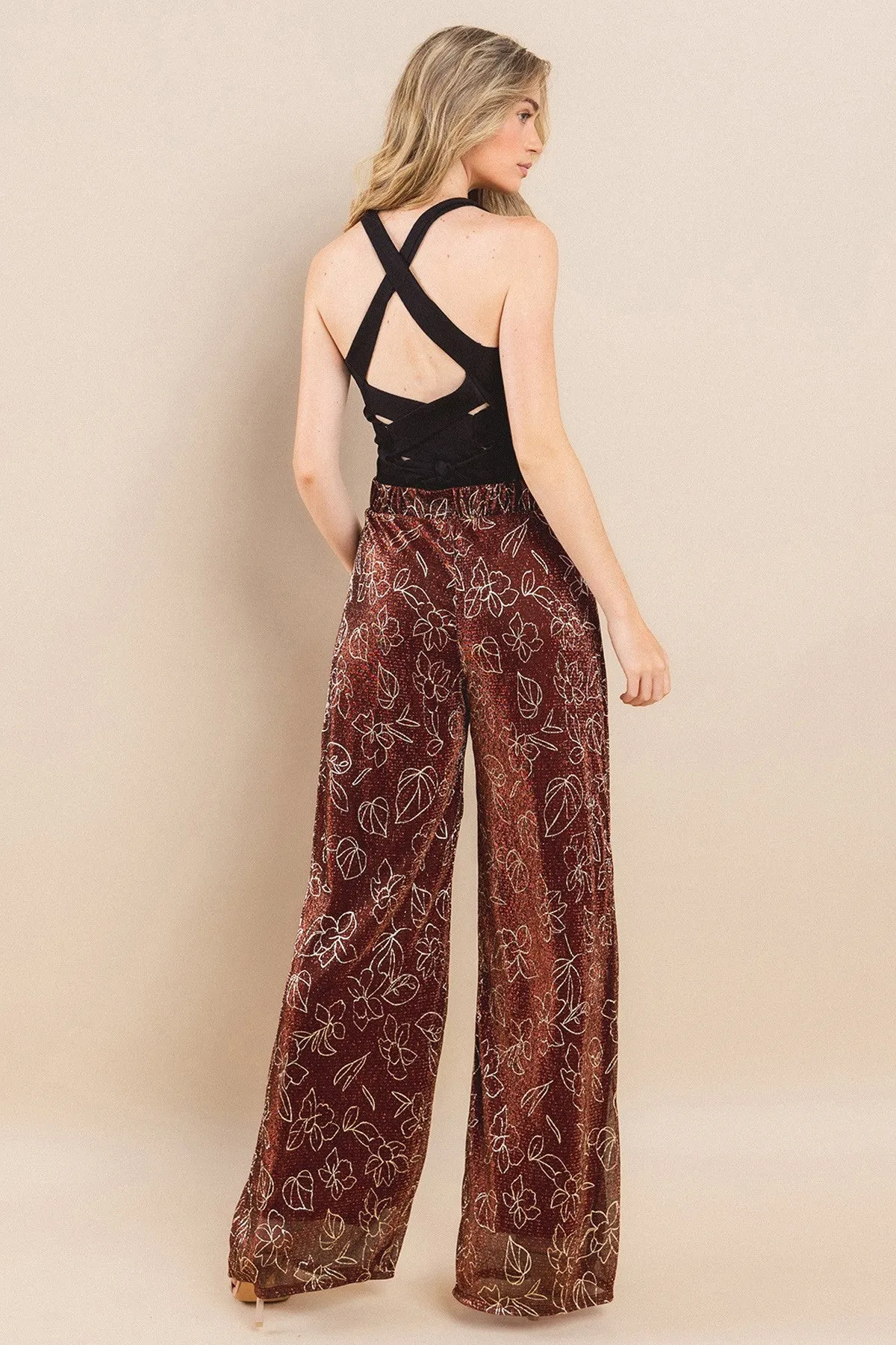 METALLIC FOIL PLEATED SHEER PANTS WITH LINING W2371PA