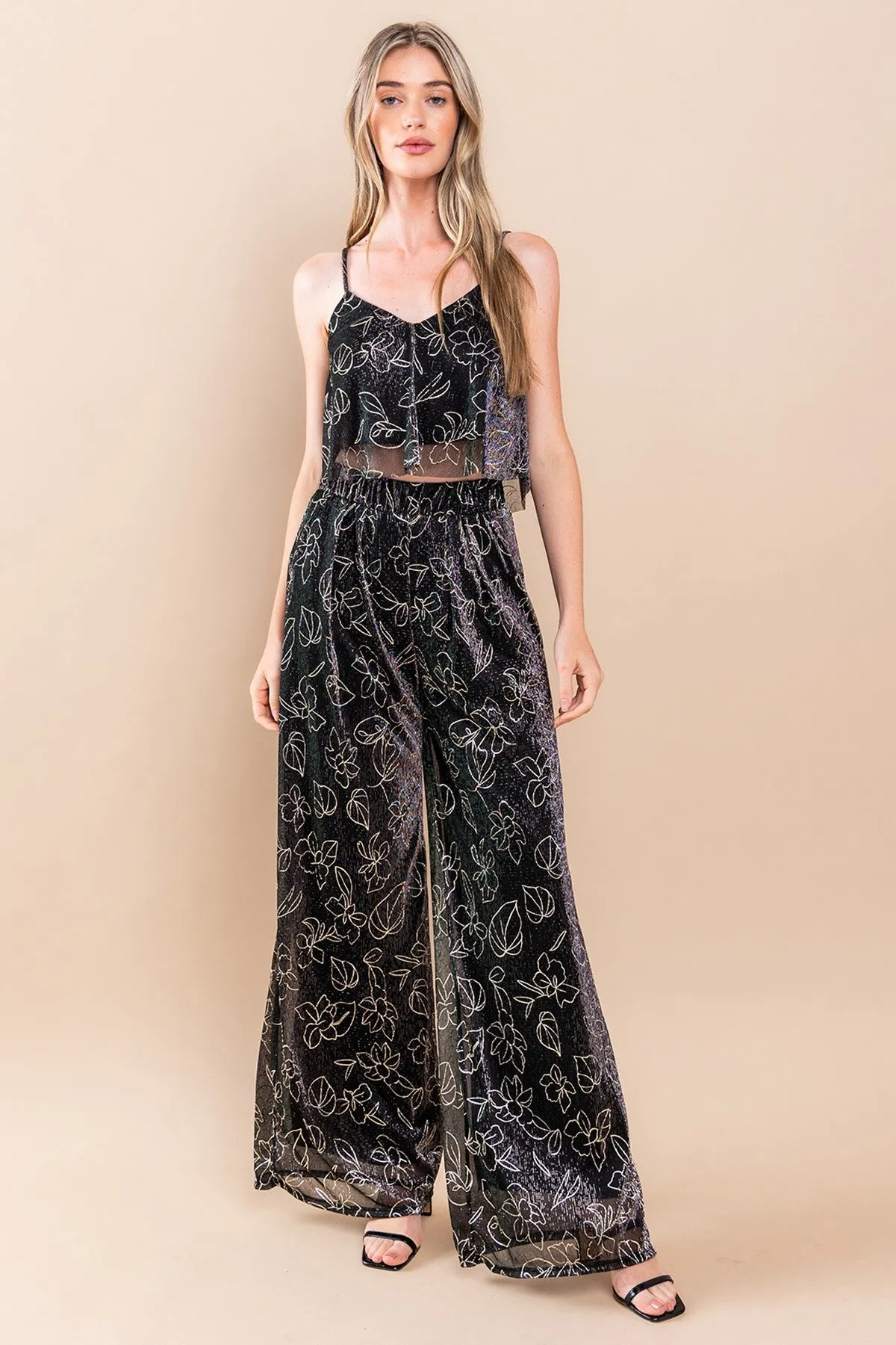 METALLIC FOIL PLEATED SHEER PANTS WITH LINING W2371PA
