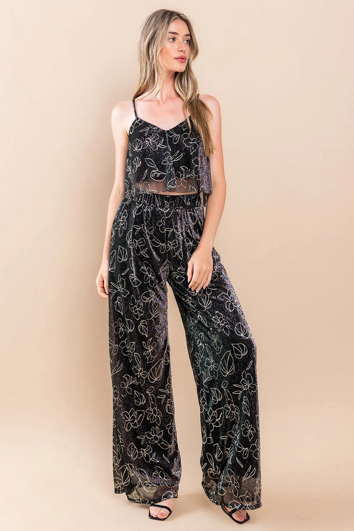 METALLIC FOIL PLEATED SHEER PANTS WITH LINING W2371PA