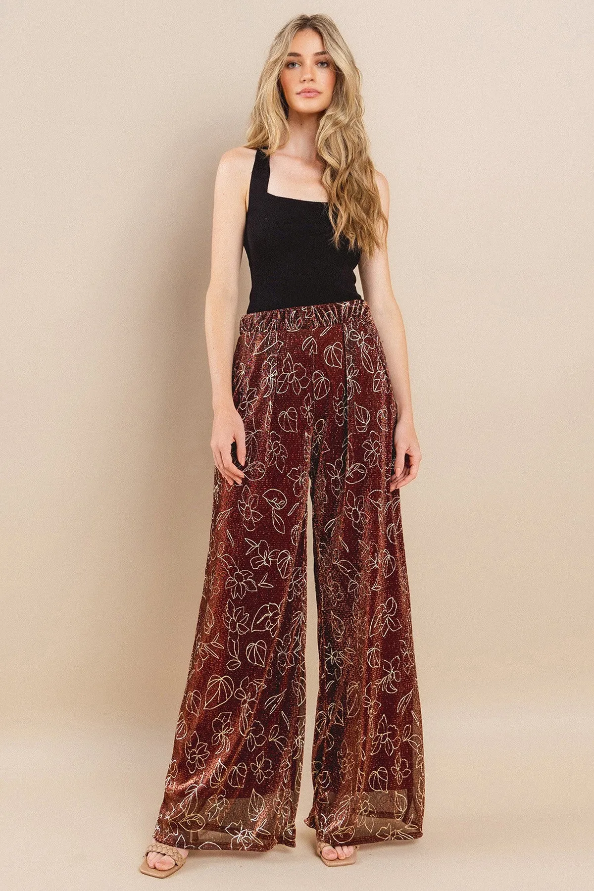 METALLIC FOIL PLEATED SHEER PANTS WITH LINING W2371PA