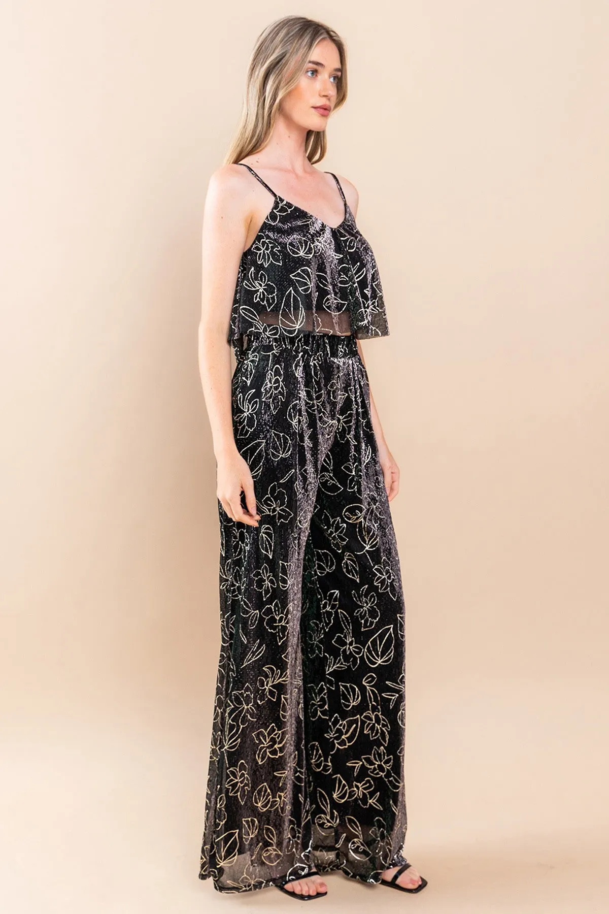 METALLIC FOIL PLEATED SHEER PANTS WITH LINING W2371PA