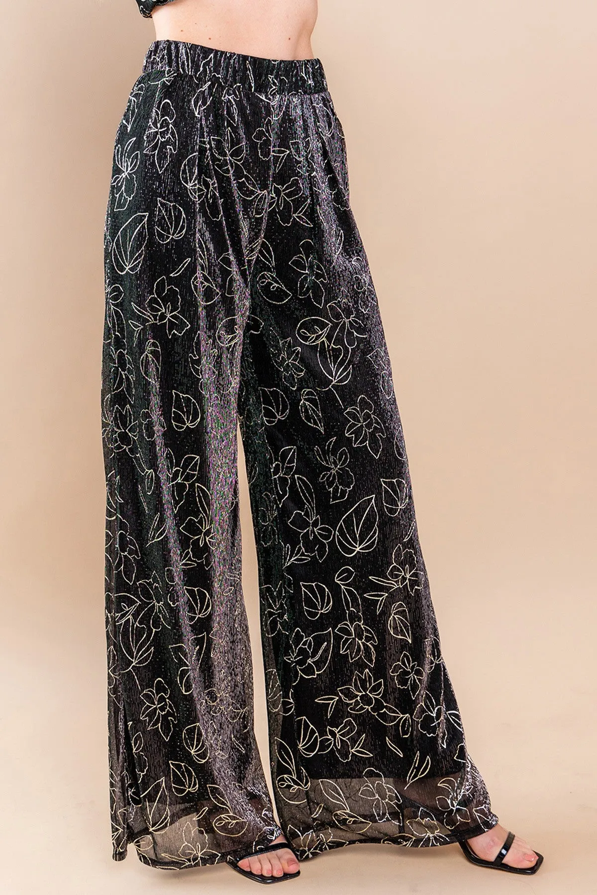 METALLIC FOIL PLEATED SHEER PANTS WITH LINING W2371PA