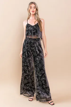 METALLIC FOIL PLEATED SHEER PANTS WITH LINING W2371PA