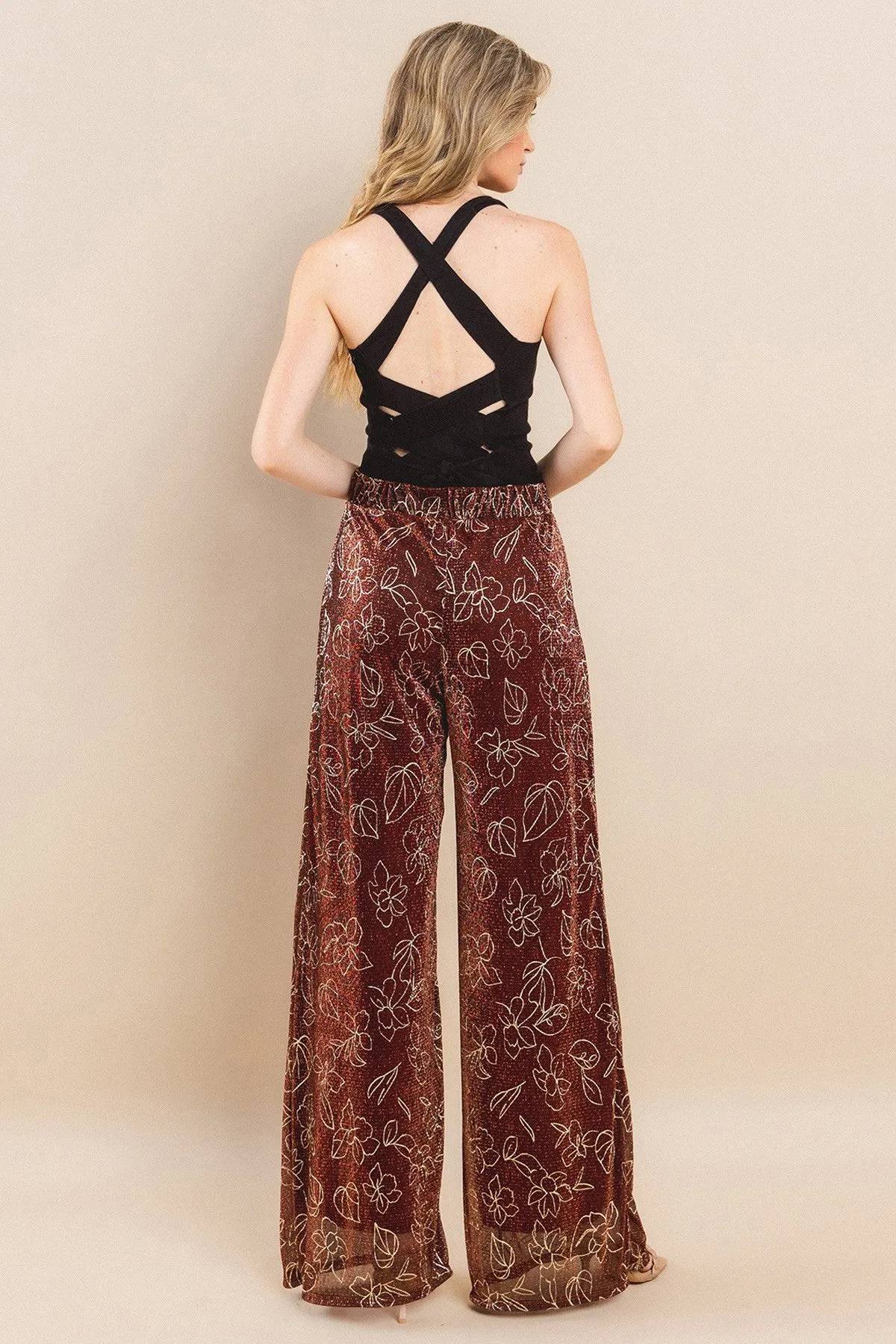 METALLIC FOIL PLEATED SHEER PANTS WITH LINING W2371PA