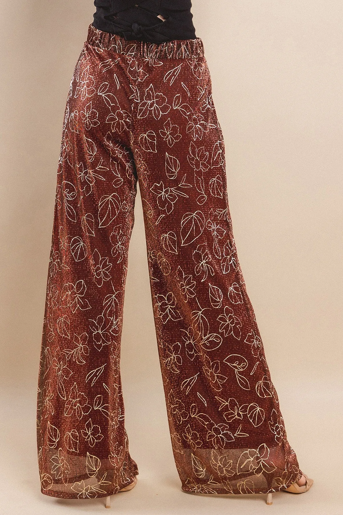 METALLIC FOIL PLEATED SHEER PANTS WITH LINING W2371PA