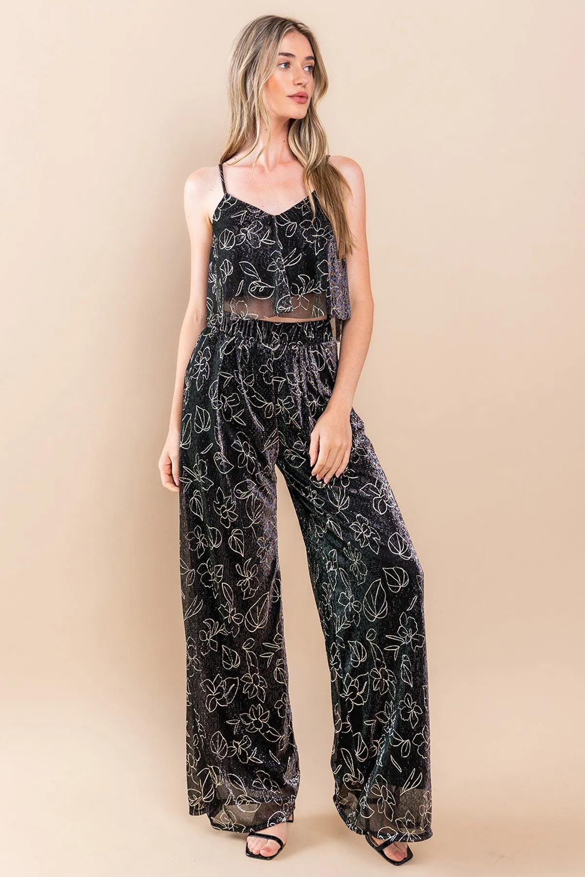 METALLIC FOIL PLEATED SHEER PANTS WITH LINING W2371PA