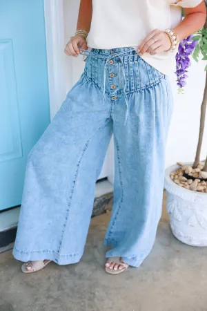 Mineral Washed Pleated Wide Leg Pants "Denim"