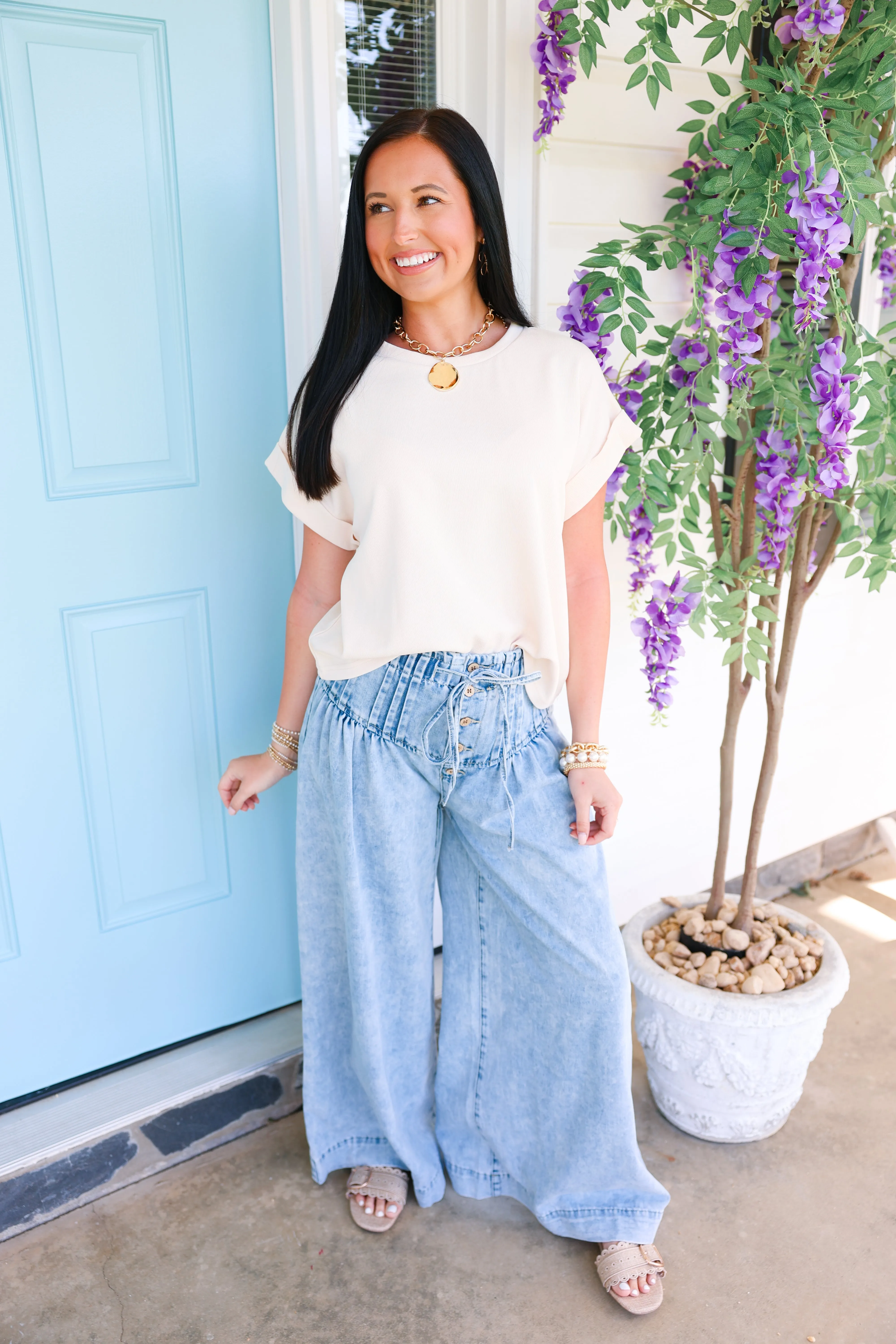 Mineral Washed Pleated Wide Leg Pants "Denim"