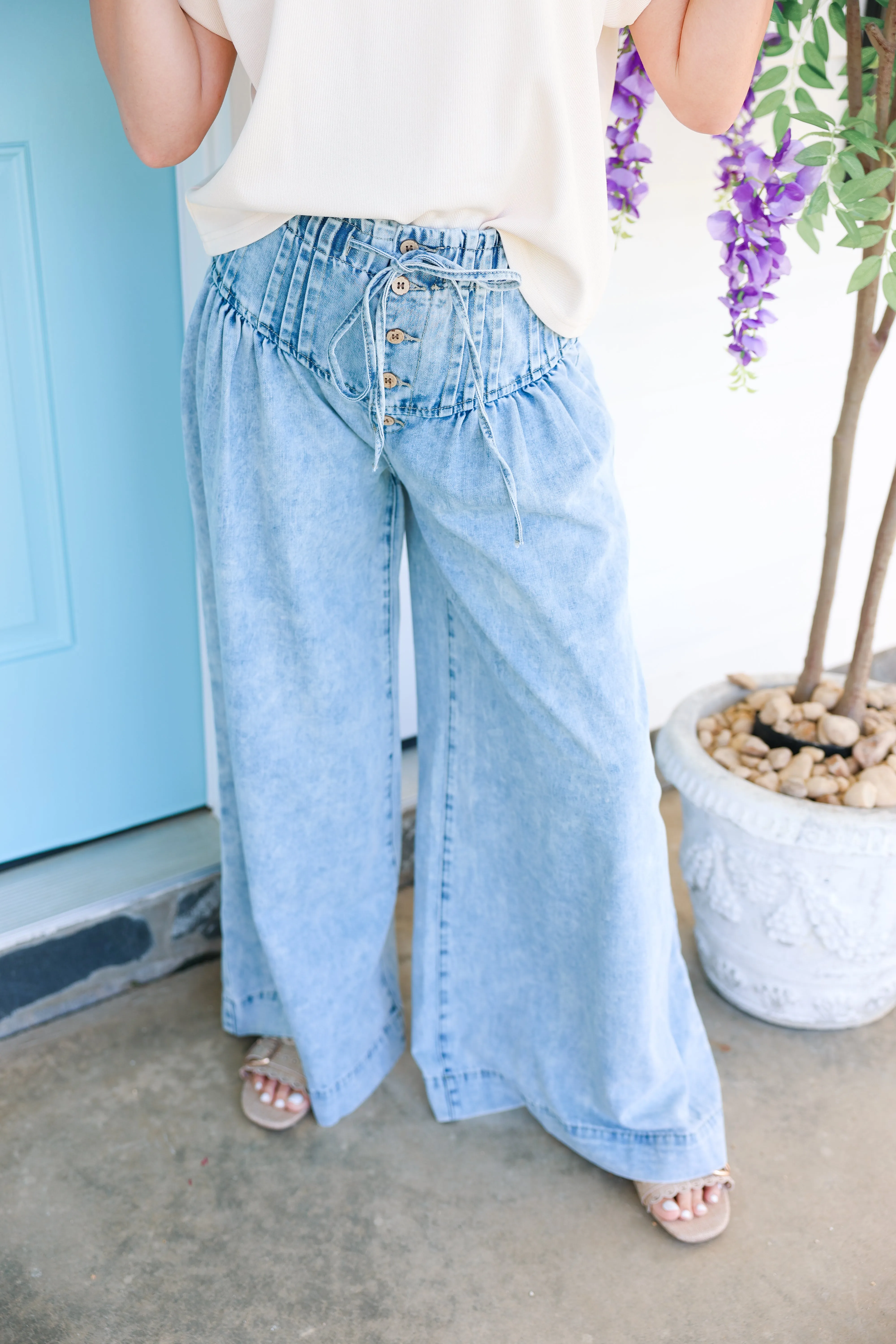 Mineral Washed Pleated Wide Leg Pants "Denim"