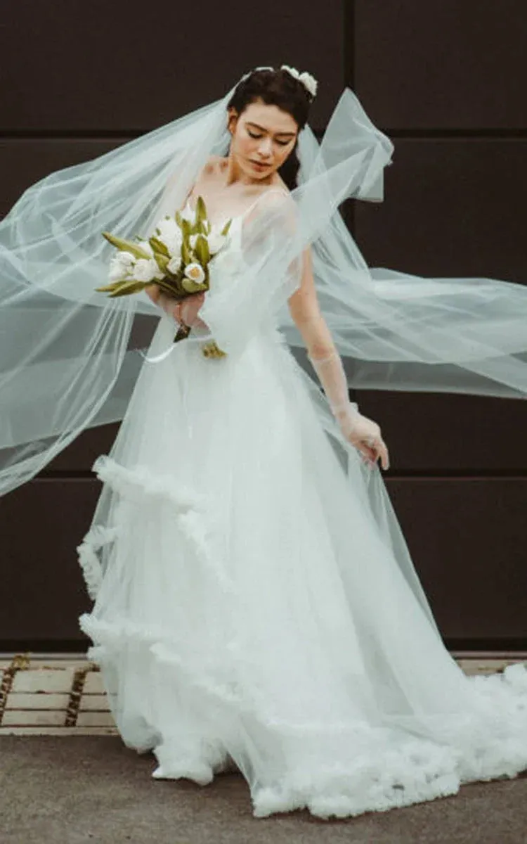Modern A Line Tulle Spaghetti Neckline Sleeveless Wedding Dress with Tiers