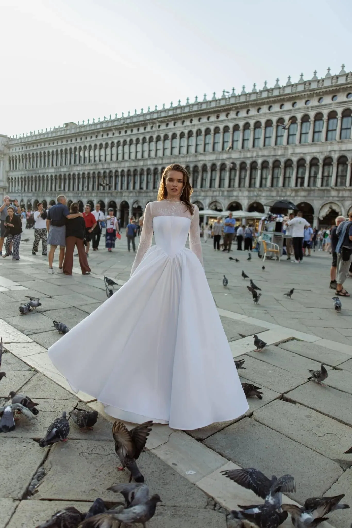 Modern Long Lace Sleeves Satin Wedding Dresses Gowns High Neck A Line Flower Formal Princess Bride Bridal Gown Dress