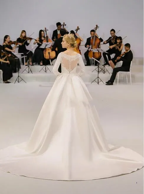 Modest Satin Bridal Gowns Wedding Long Sleeves vestido de novia