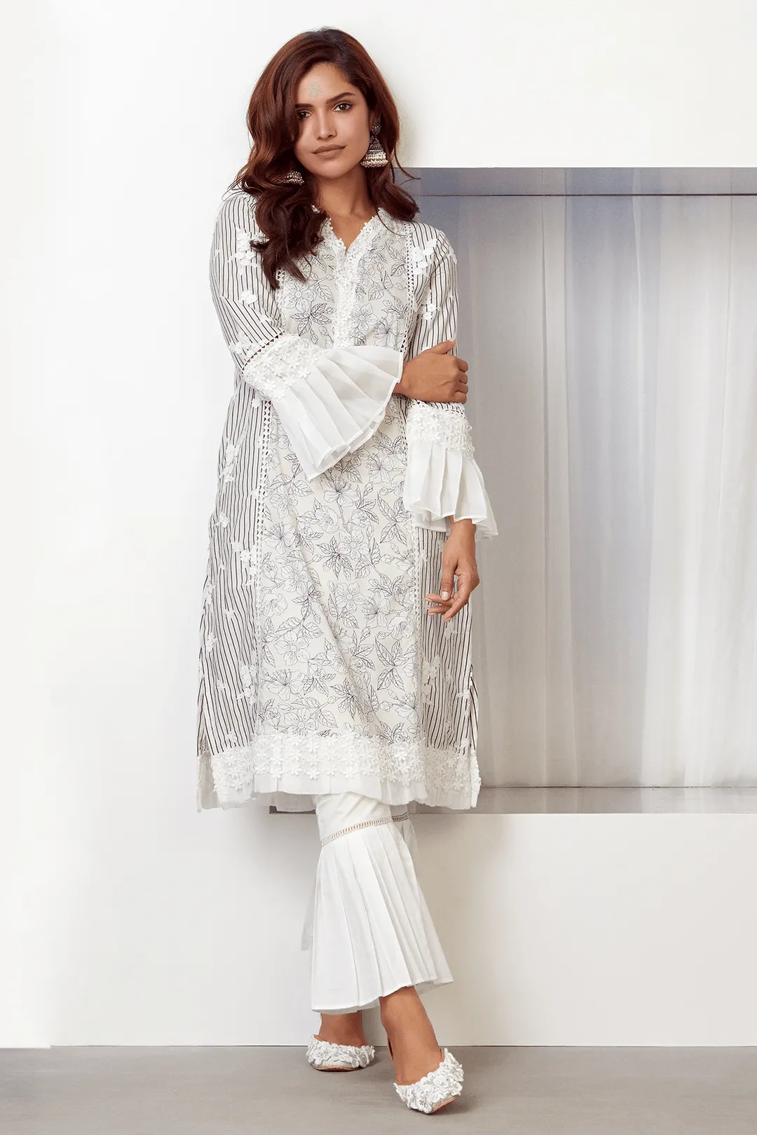 Mulmul Cotton Soho kurta Off White with Pleated Bellbottom Pant