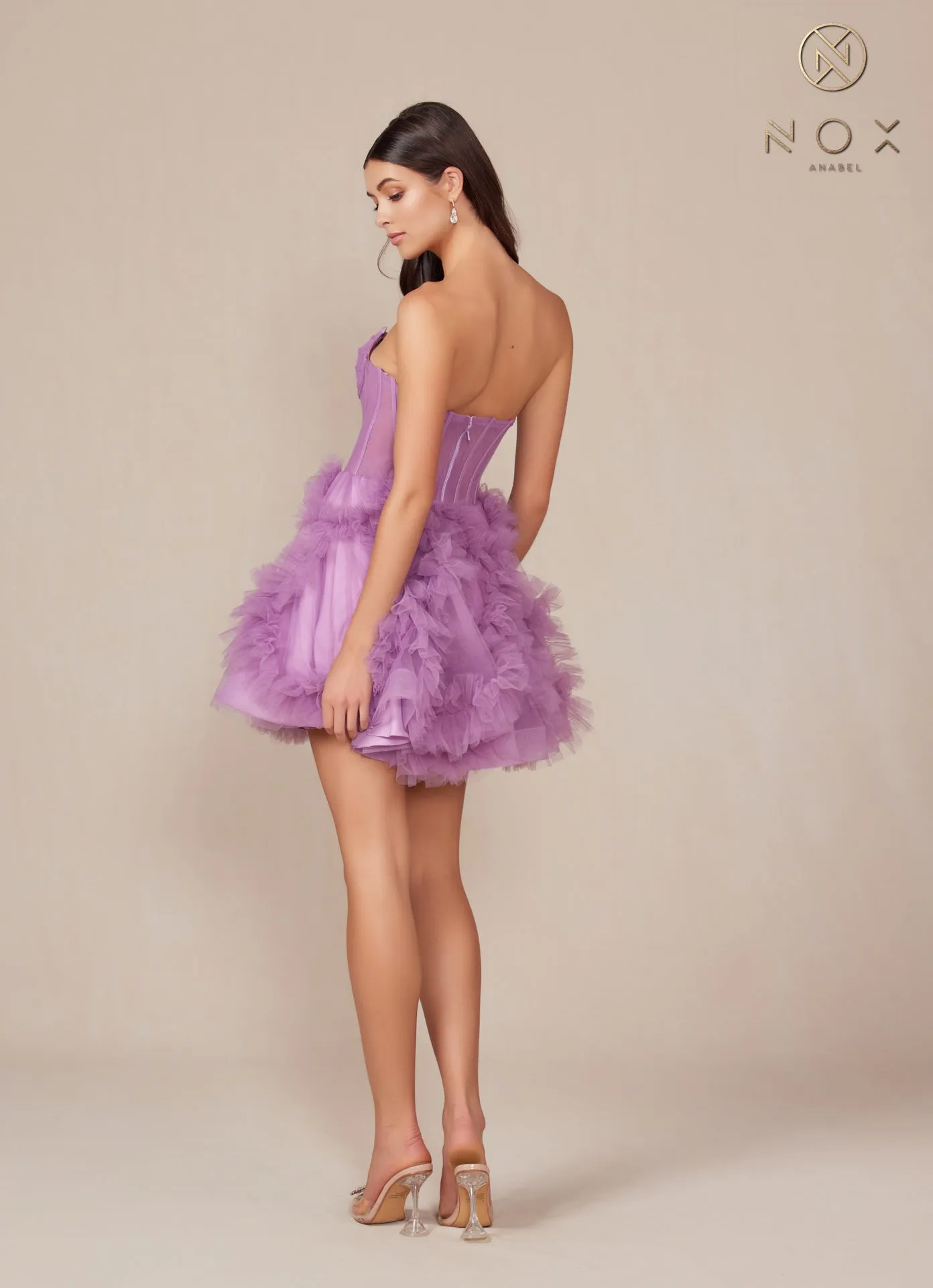 N Y859 - Short Strapless A-Line Homecoming Dress with Pleated Ruffles & Sheer Boned Bodice