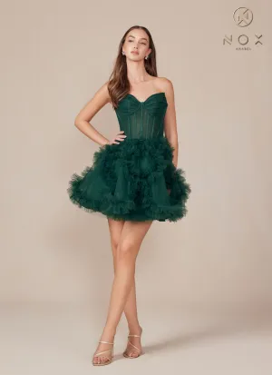 N Y859 - Short Strapless A-Line Homecoming Dress with Pleated Ruffles & Sheer Boned Bodice
