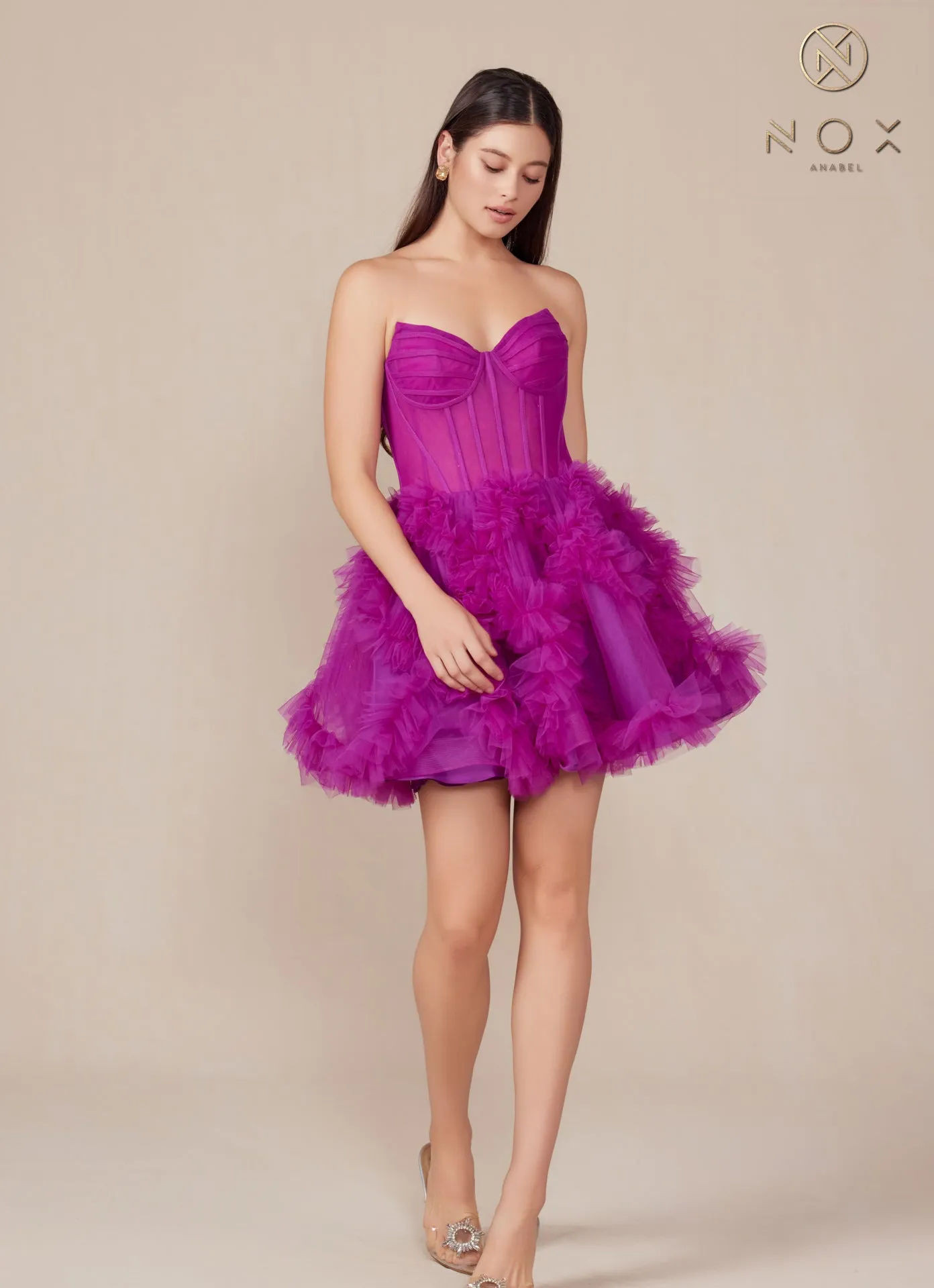 N Y859 - Short Strapless A-Line Homecoming Dress with Pleated Ruffles & Sheer Boned Bodice