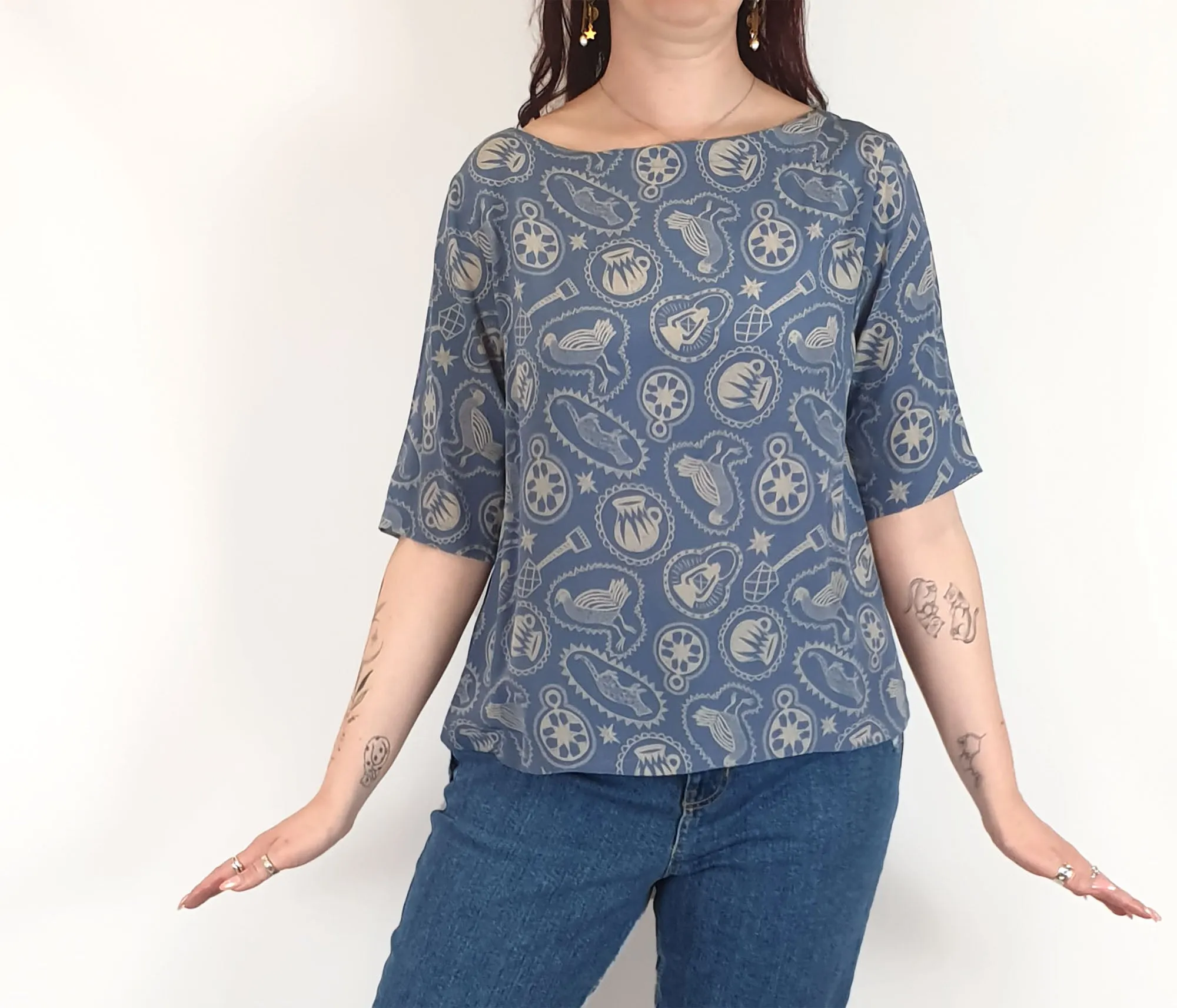 Nancybird blue symbol print silk top size M
