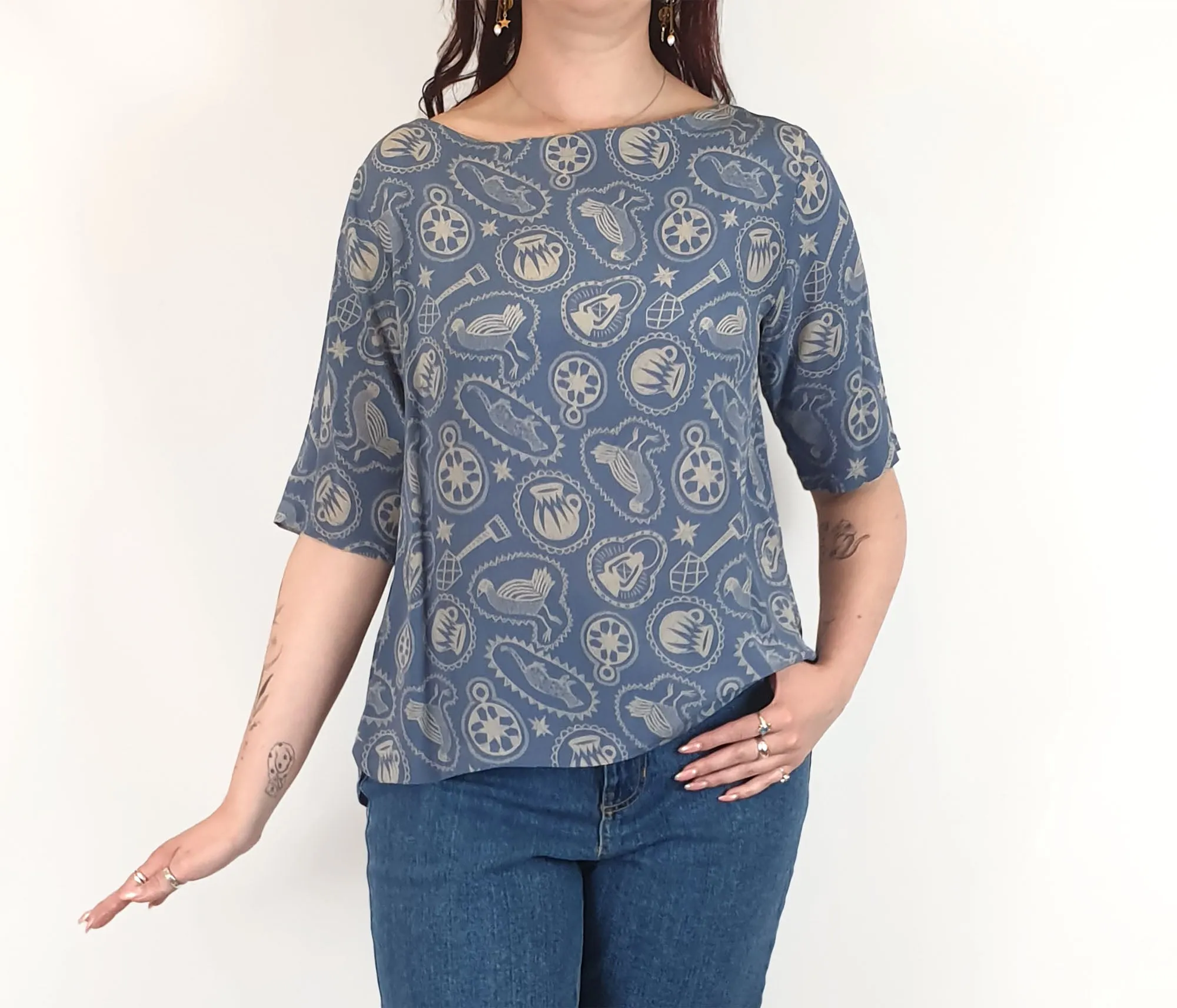 Nancybird blue symbol print silk top size M