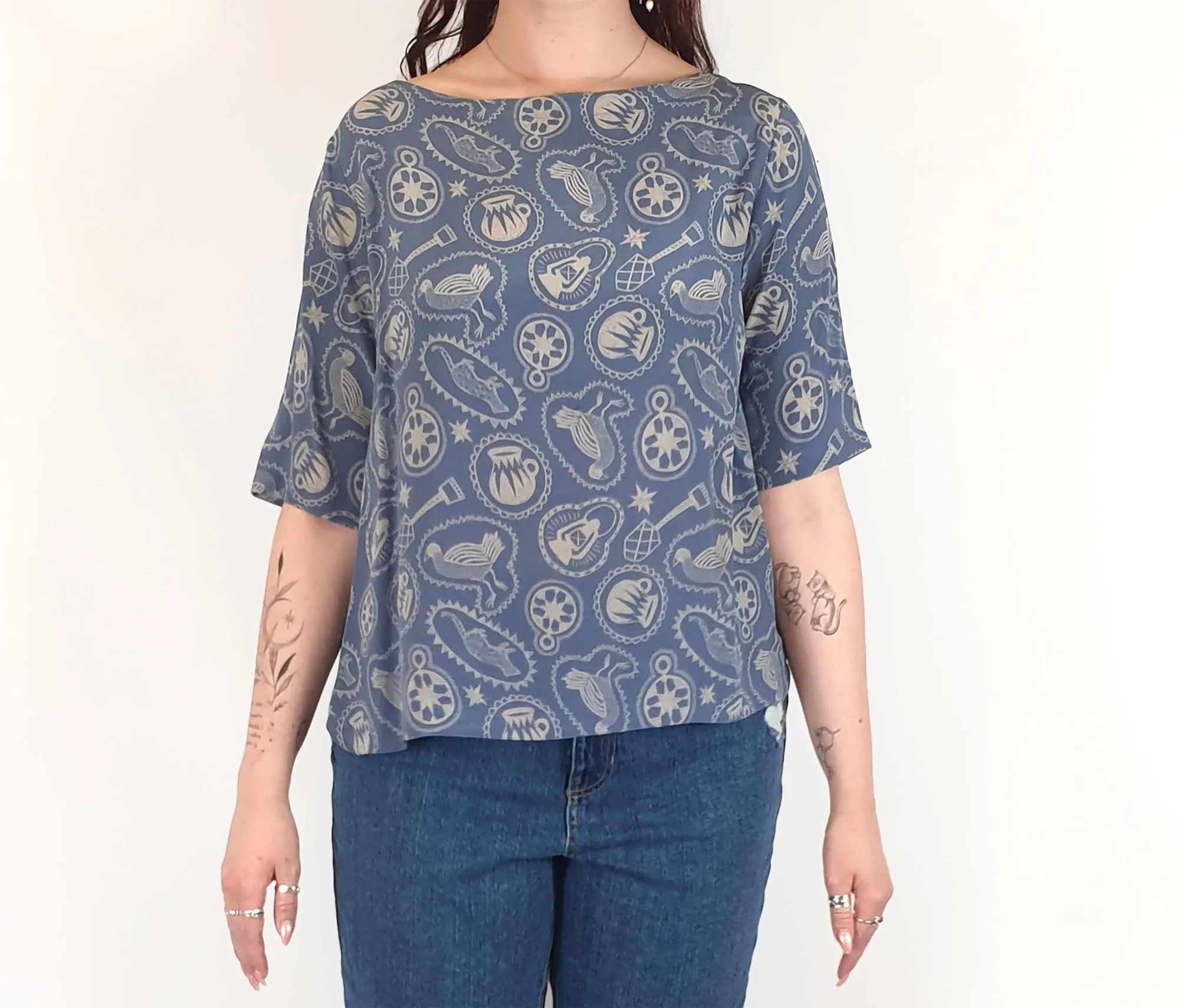 Nancybird blue symbol print silk top size M