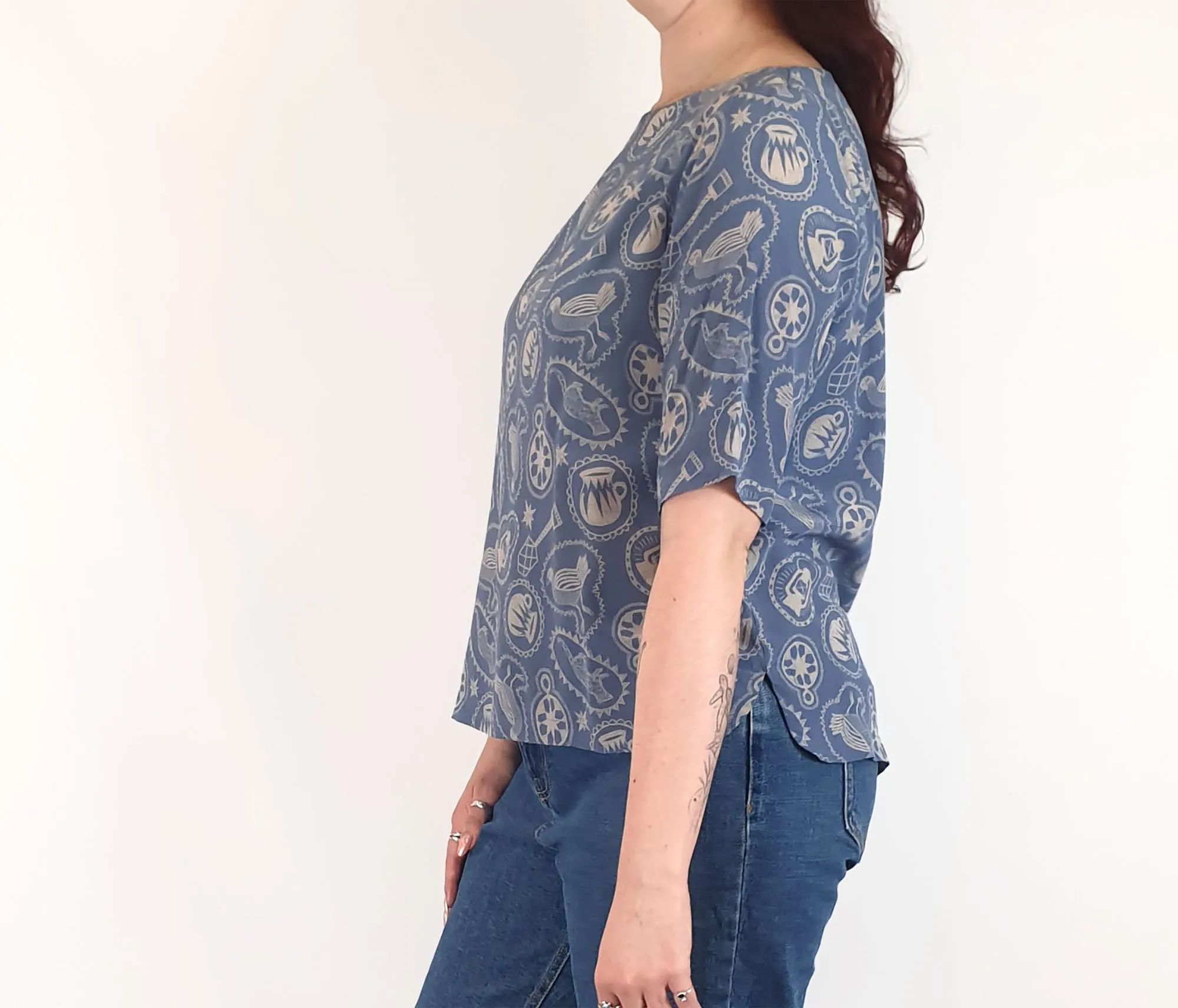 Nancybird blue symbol print silk top size M