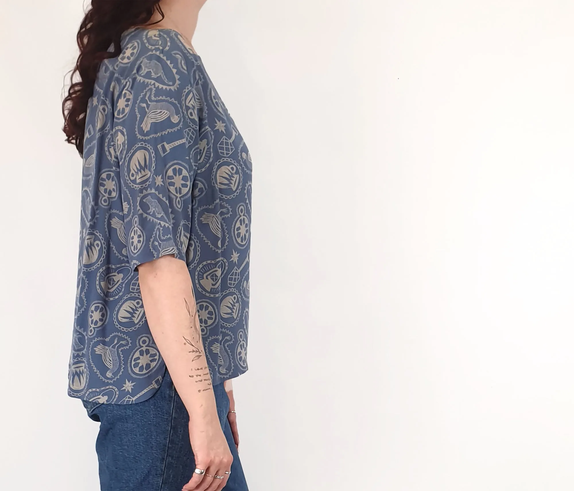 Nancybird blue symbol print silk top size M