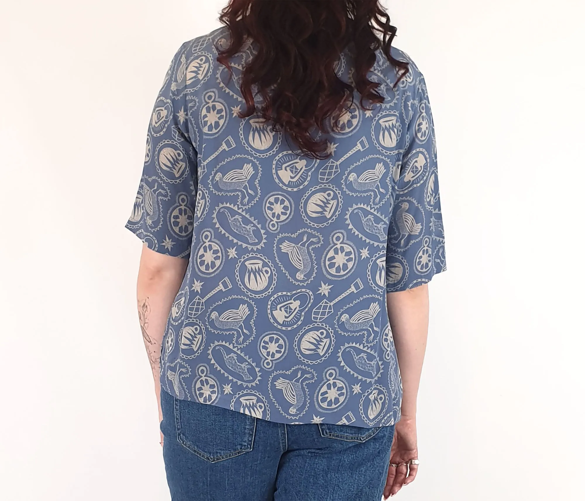 Nancybird blue symbol print silk top size M