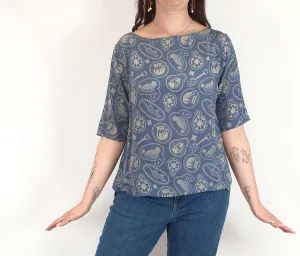 Nancybird blue symbol print silk top size M