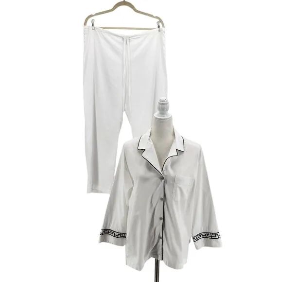 Natori Womens Small Pajamas Two Piece White Black Set