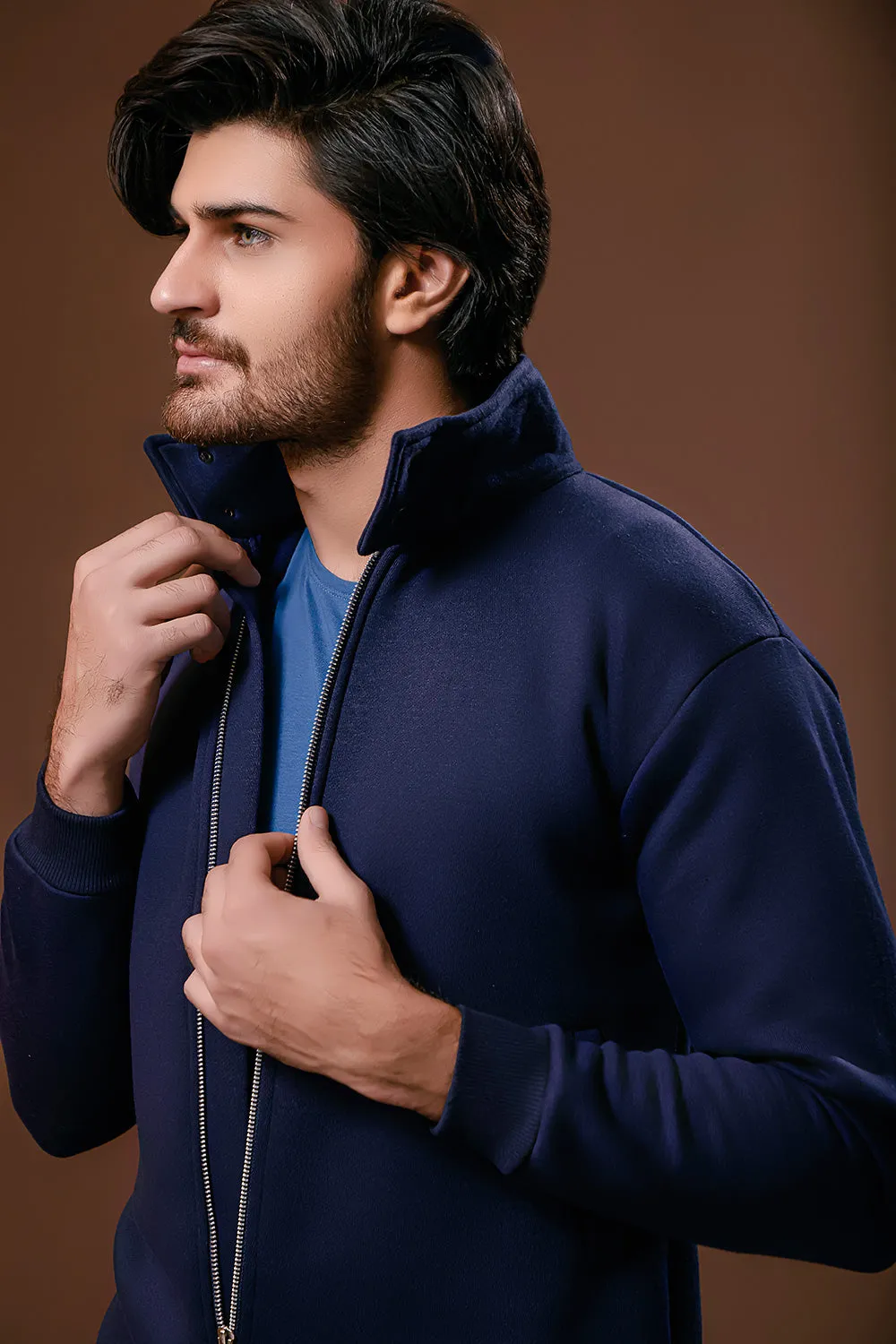 Navy Blue Harrington Jacket With Funnel Neck