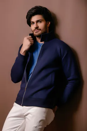 Navy Blue Harrington Jacket With Funnel Neck