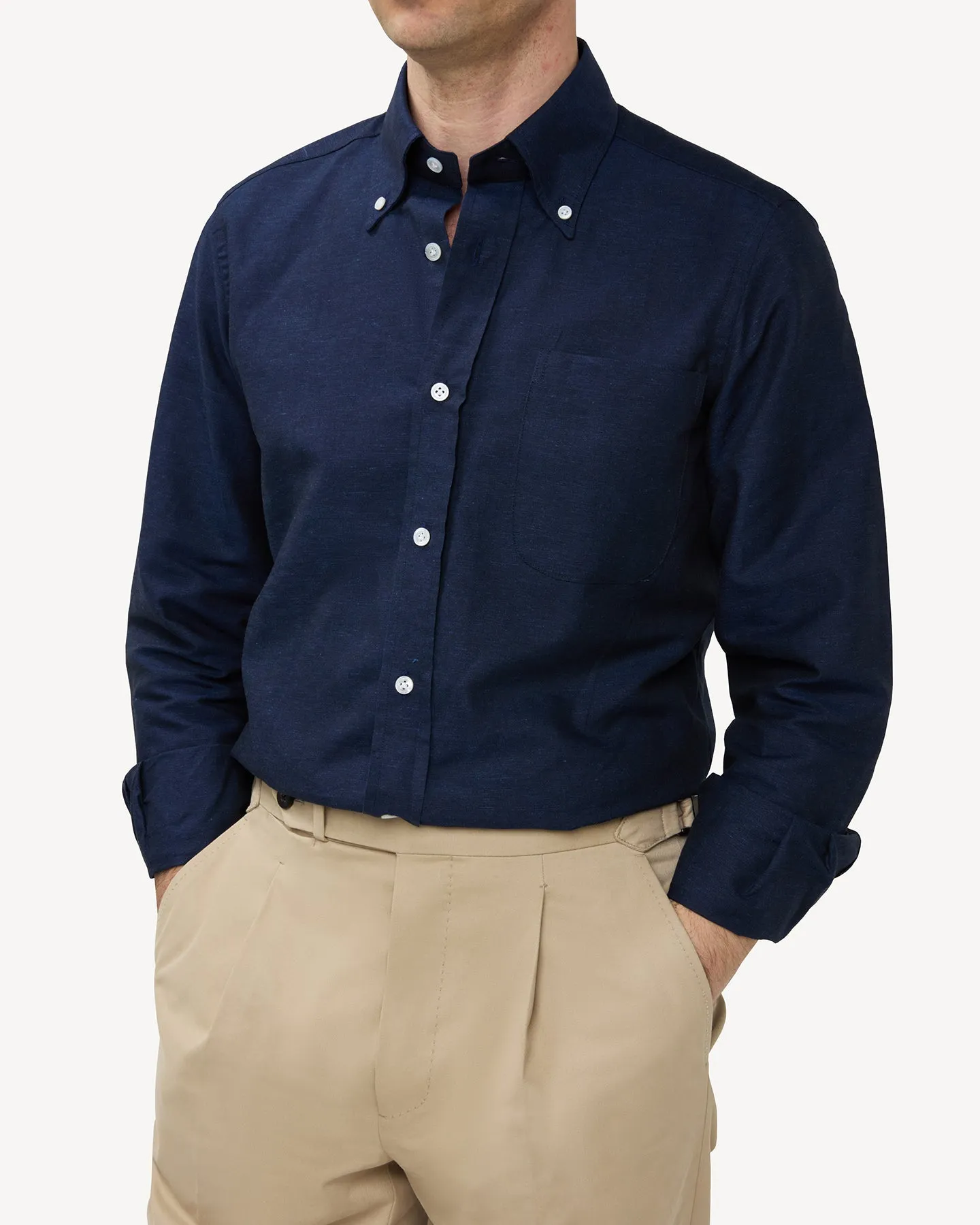 Navy Cotton Linen Button Down Shirt