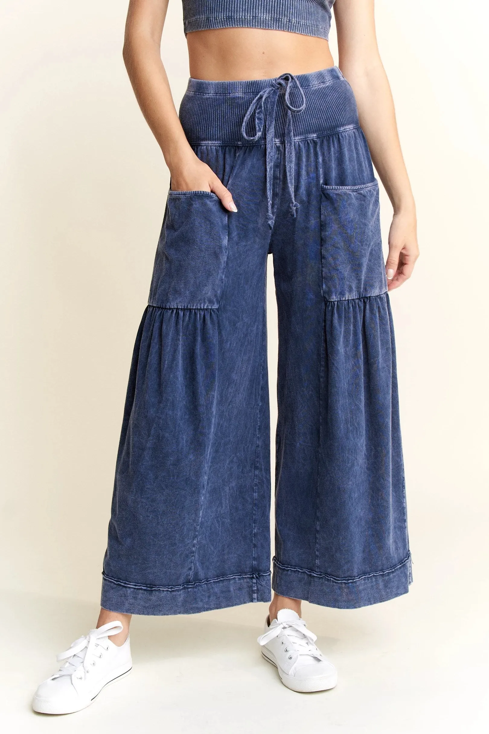 Navy Mineral Wash Wide Leg Pants