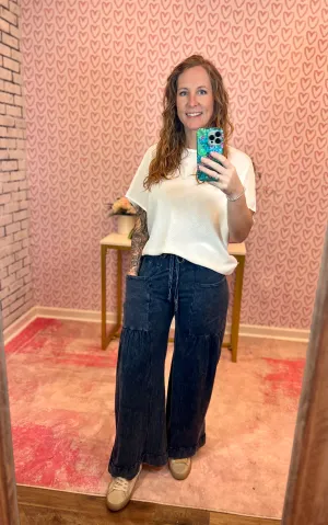 Navy Mineral Wash Wide Leg Pants