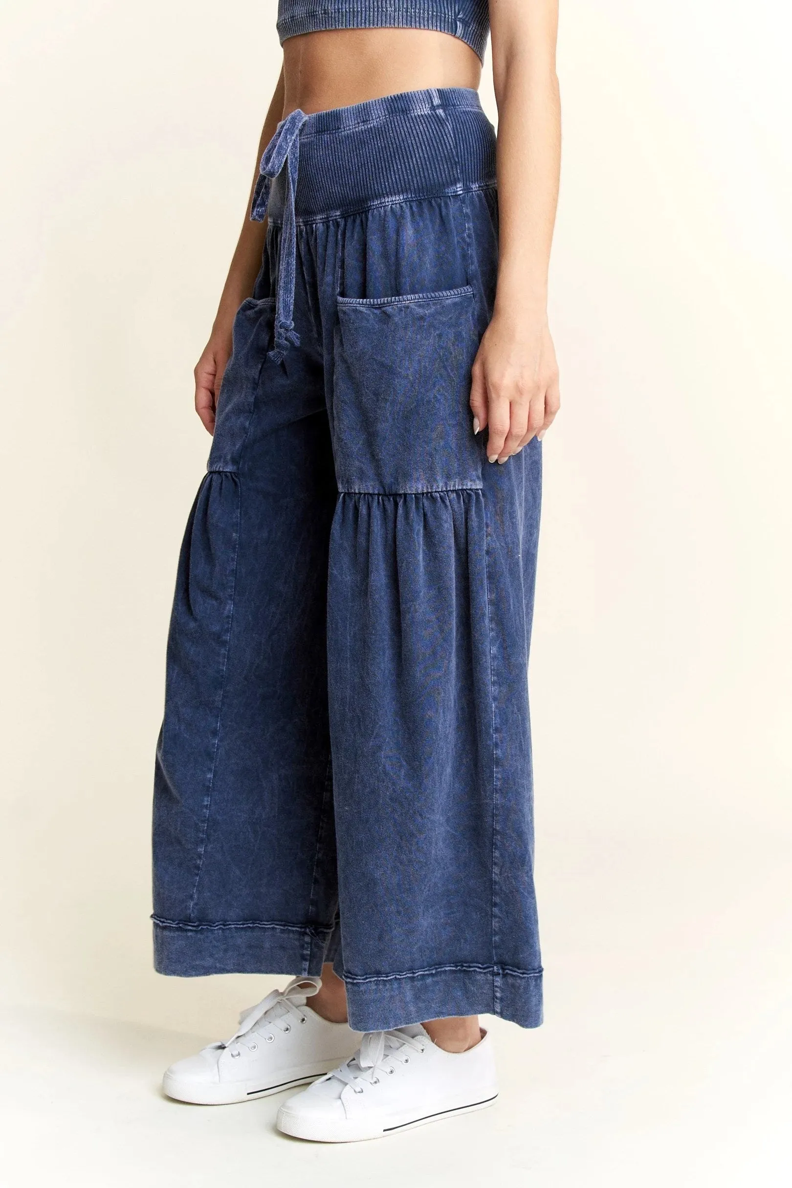 Navy Mineral Wash Wide Leg Pants