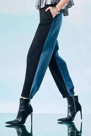 Navy Pleated Barrel Pants with Denim Panel