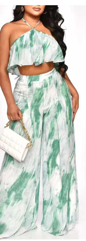 New Micas Tie Dye Halter Top And Pleated Wide Leg Pants Set Sz L! Retails $68 