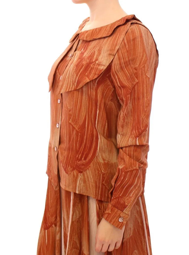 Orange Long Sleeve Button Front Blouse Shirt