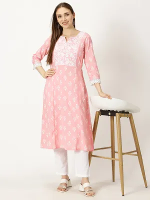 Pastel Pink Floral Print Cotton Kurta with Chikankari Embroidery