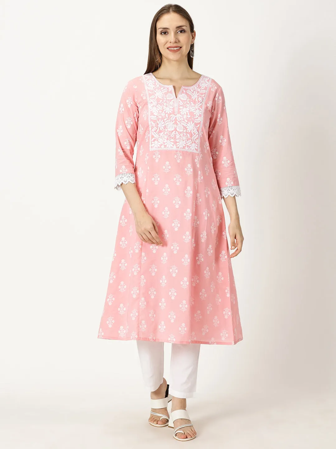 Pastel Pink Floral Print Cotton Kurta with Chikankari Embroidery