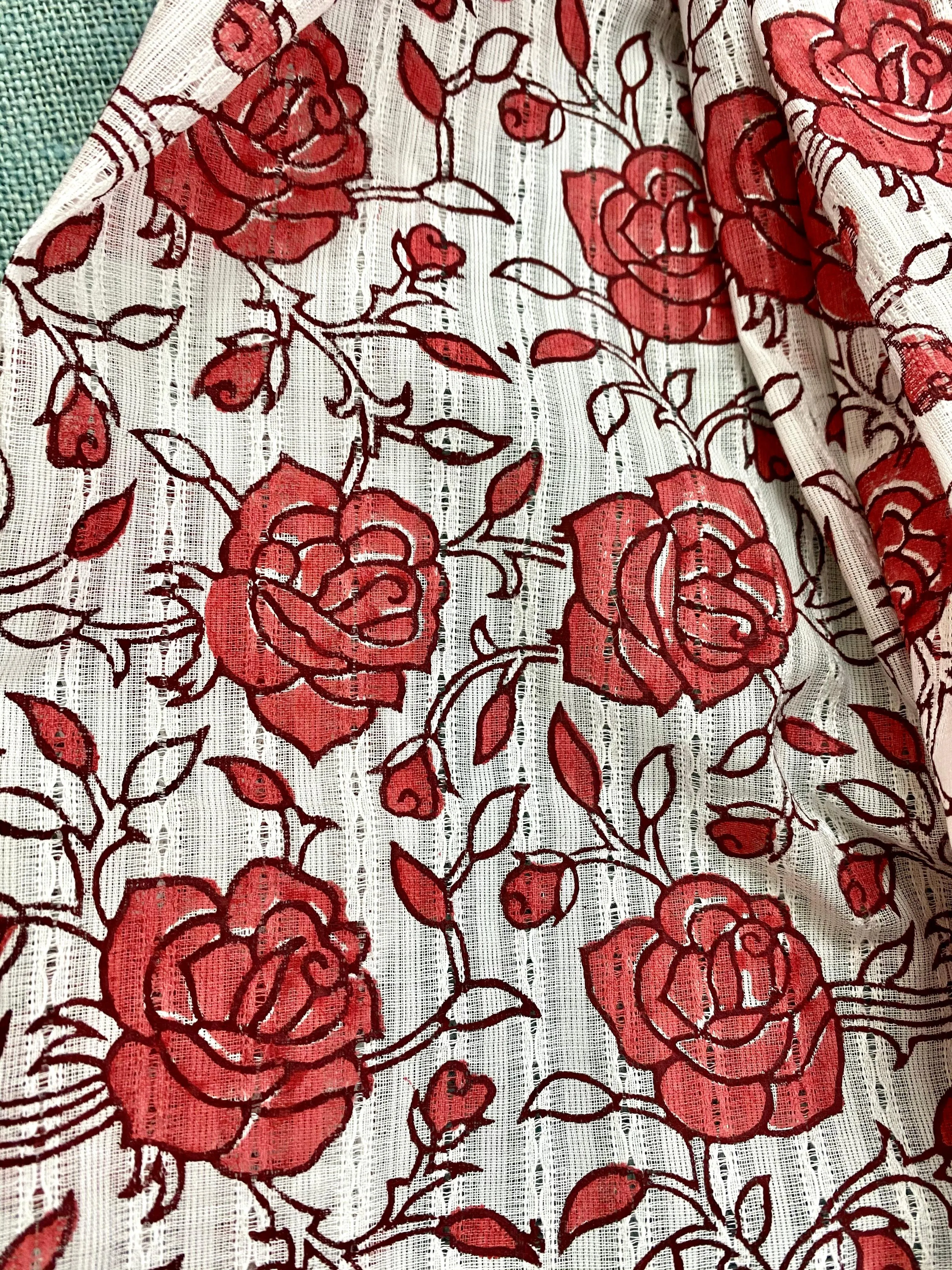 Peach Rose Bush Block Printed on Cotton Scarf