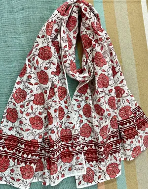 Peach Rose Bush Block Printed on Cotton Scarf