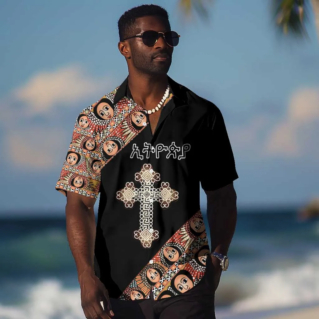 Personalized Ethiopia Hawaiian Shirt Ethiopian Orthodox Church Angel Black Color LT15