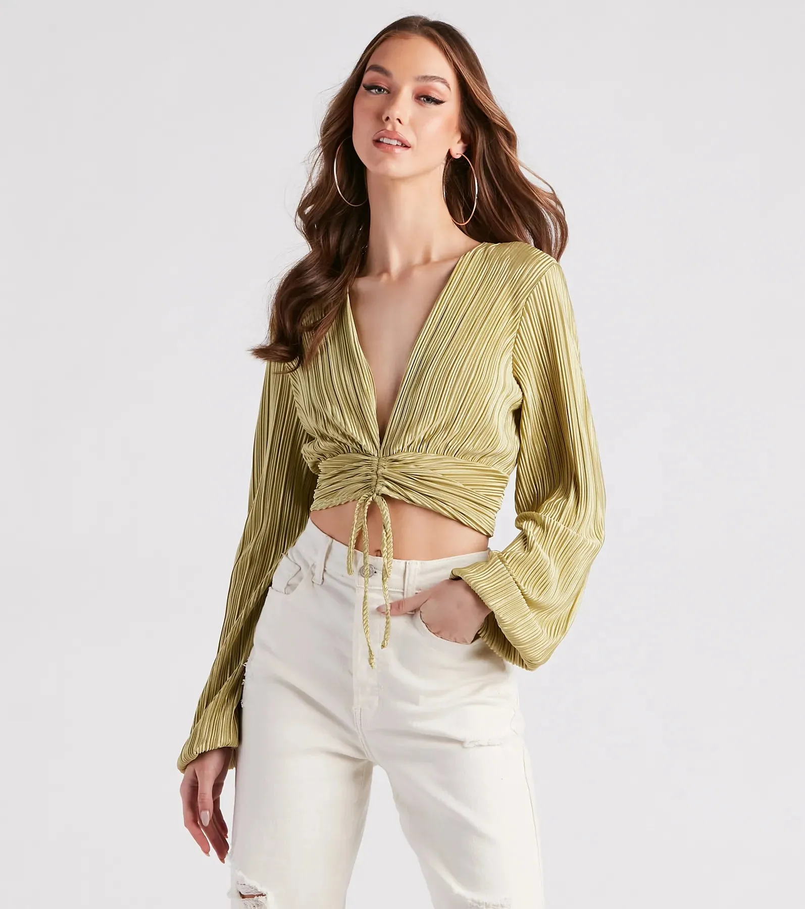 Posh And Pleated Long Sleeve Crop Top
