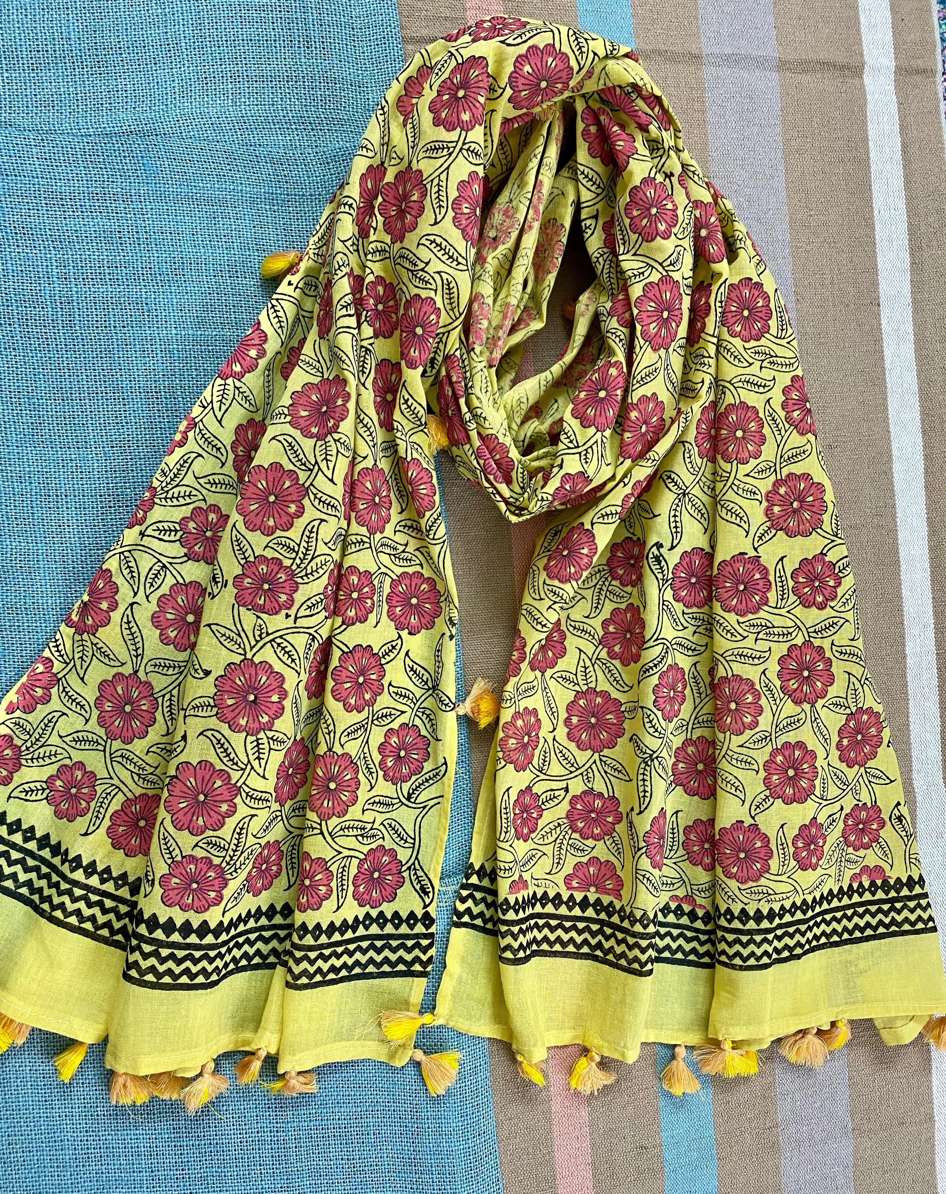 Pretty Pink Garden Block Printed Muslin Scarf