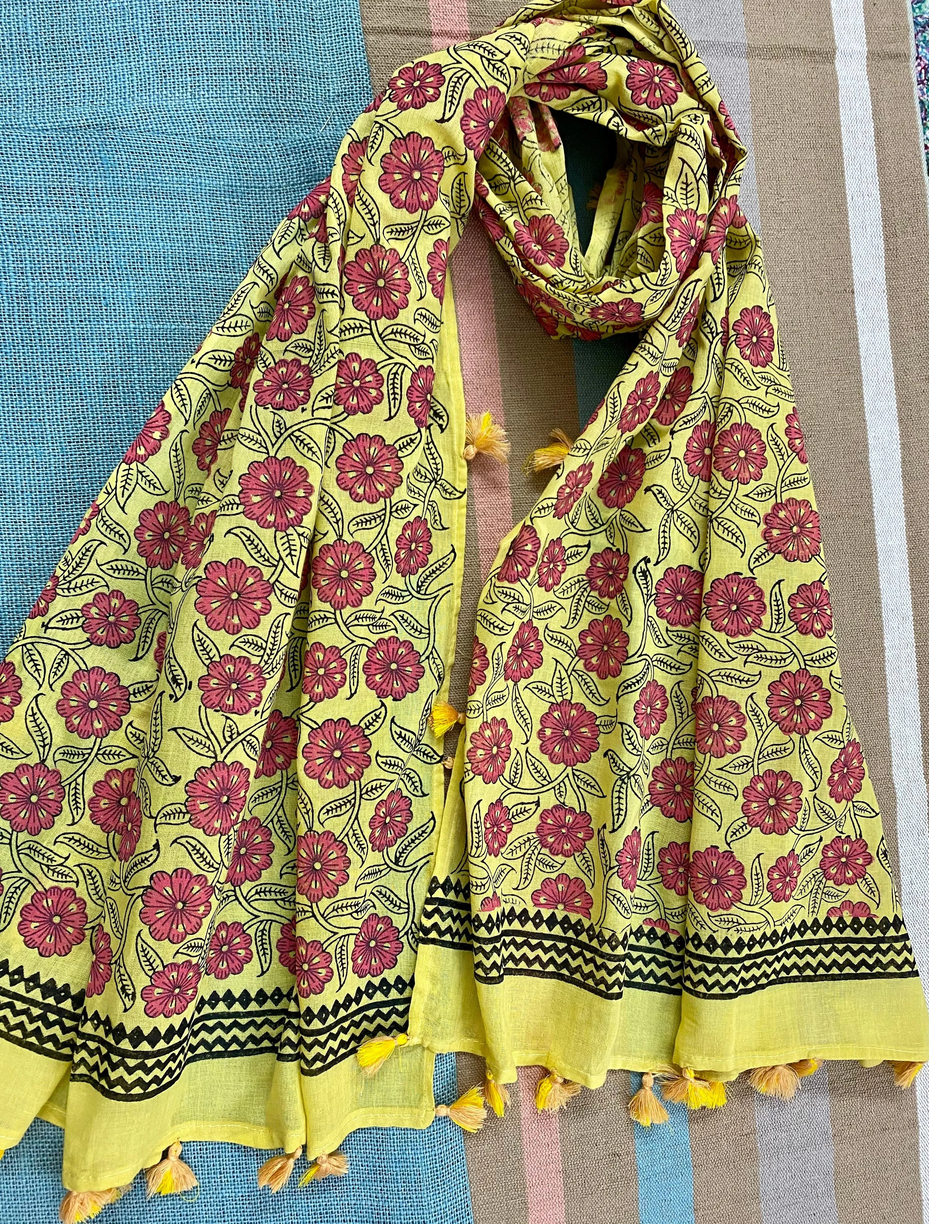 Pretty Pink Garden Block Printed Muslin Scarf