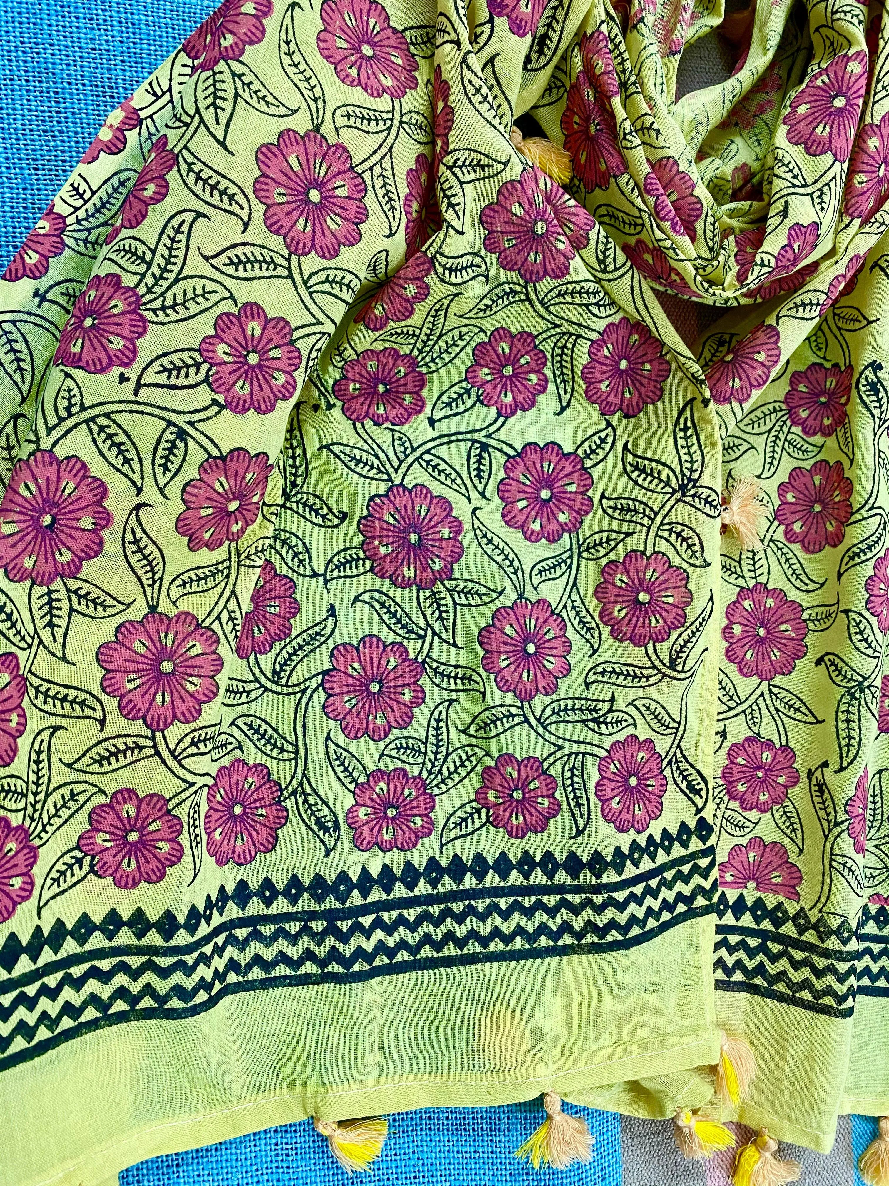 Pretty Pink Garden Block Printed Muslin Scarf