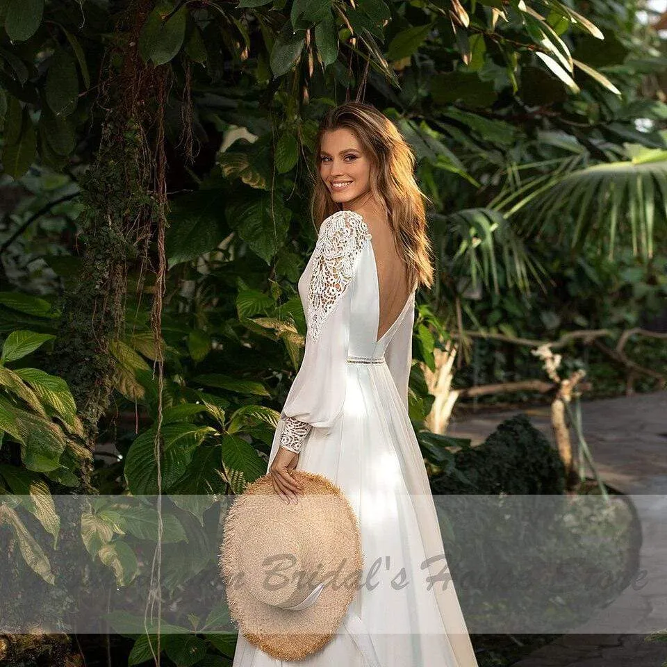 Puffy Chiffon Long Sleeve Bridal Dress V-Neck Modern