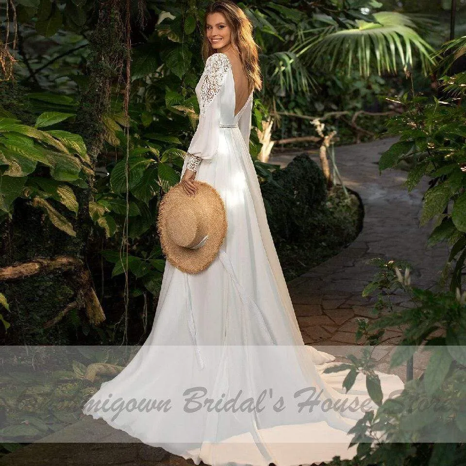 Puffy Chiffon Long Sleeve Bridal Dress V-Neck Modern