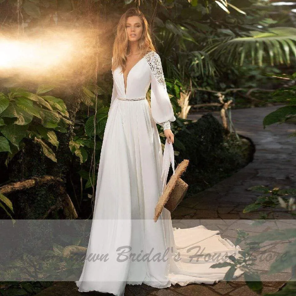 Puffy Chiffon Long Sleeve Bridal Dress V-Neck Modern